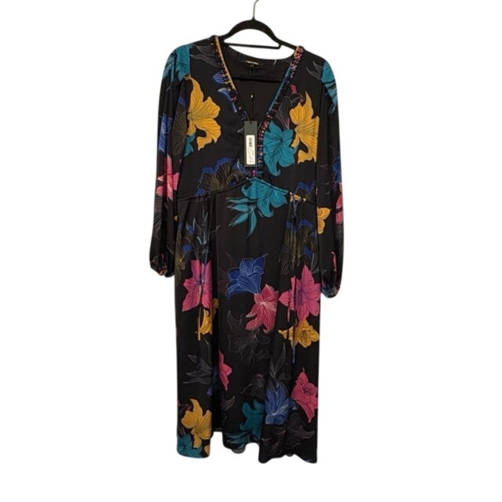 Kobi Halperin Alexi Dress Black Floral Braided V-Neck Midi Women‎ Medium NEW